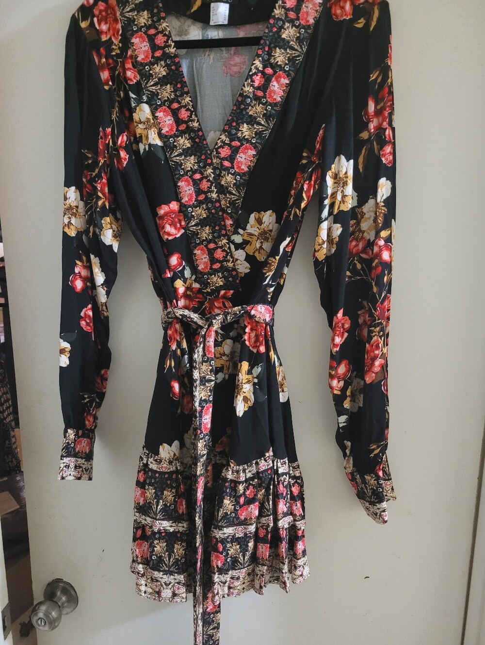 VENUS Black Floral Wrap Mini Dress with Pink & Cream Blooms